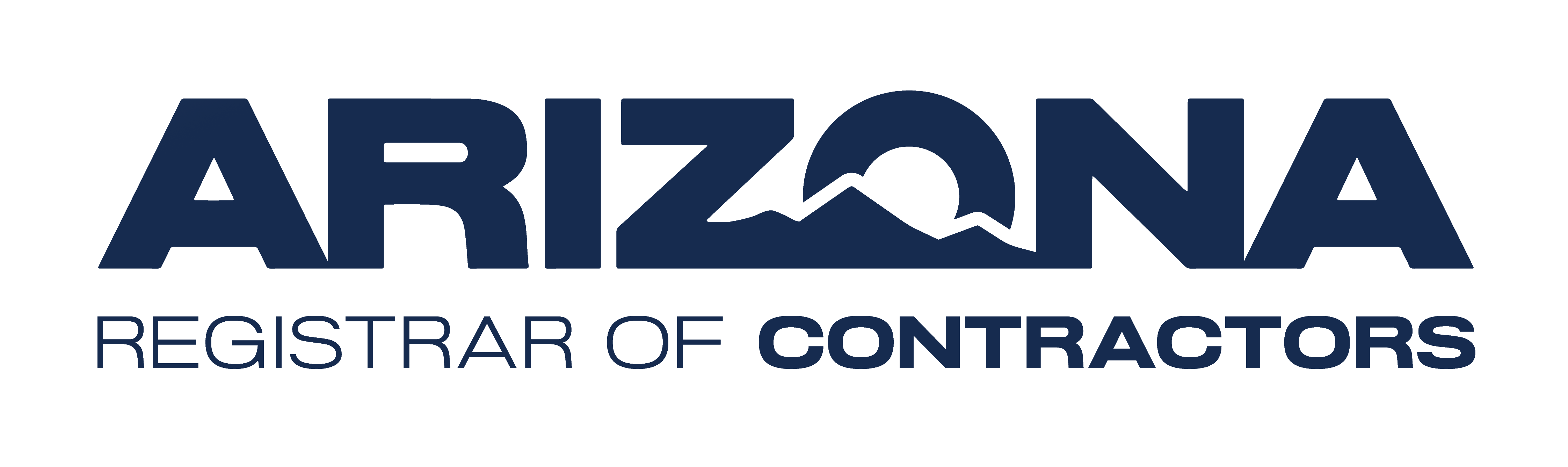 Arizona Registrar of Contractors logo featuring bold blue text with a mountain design inside the letter 'O' in Arizona.